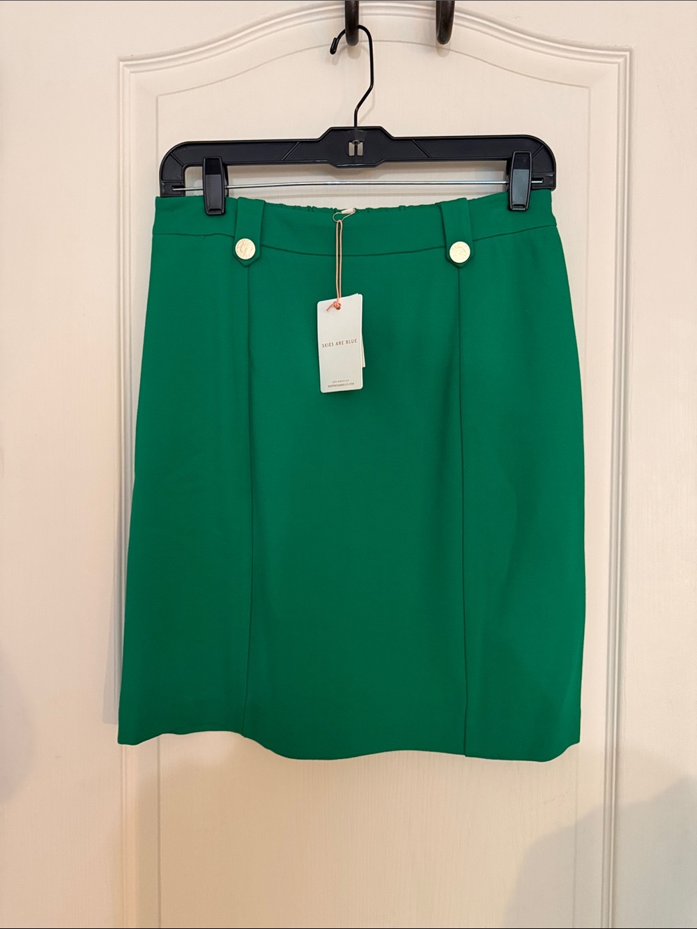 Skies Are Blue Emerald Green Pencil Skirt with Gold Buttons